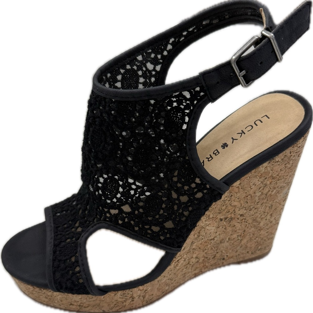 Lucky Brand Black Raziah Crochet Lace Wedges 6, EUC